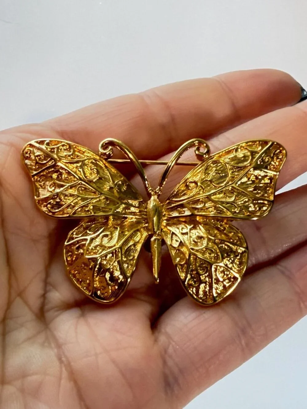 MONET Vintage Butterfly Brooch Gold Tone Filigree Butterfly Pin 2.25 inches